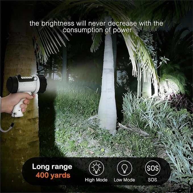 Rechargeable Spotlight Flashlight IP67 Waterproof with 200,000 Lumen LED, 12 Hours Long Running Spot Light, Impact Resistant Handheld Spotlight with Foldable Stand White