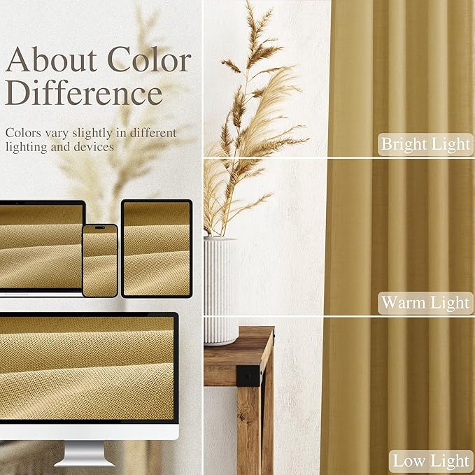 Nanspring Linen Curtains Semi Sheer Gold 96 Inches Long 2 Panels Set for Living Room Back Tab Rod Pocket Light Filtering Drape for Bedroom Modern Farmhouse Coastal Decor Protect Privacy 52x96