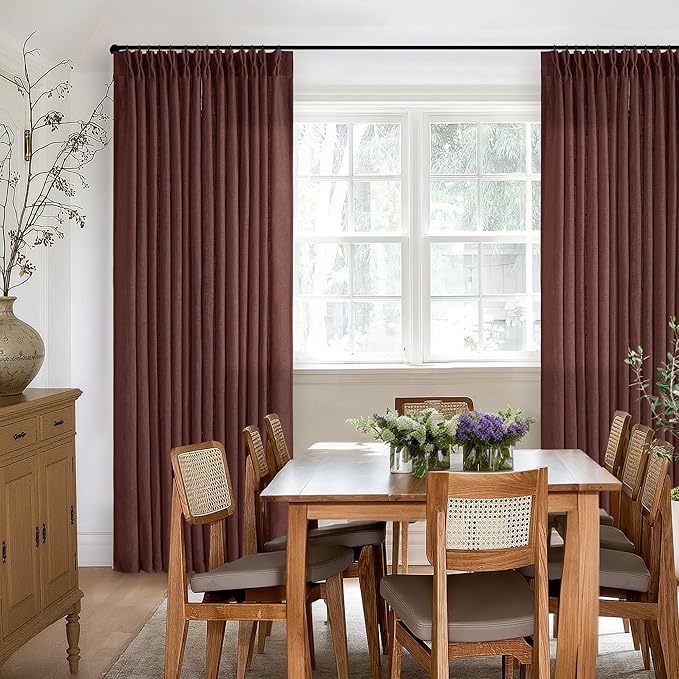 Dark Terracotta 80 Inch Pinch Pleated Linen Curtains 2 Panel Set for Living Room Thick Linen Drapes 80 Inches Long Pinch Pleat Drapes Semi Sheer Curtain for Dining Bedroom Office Maroon Red Brown