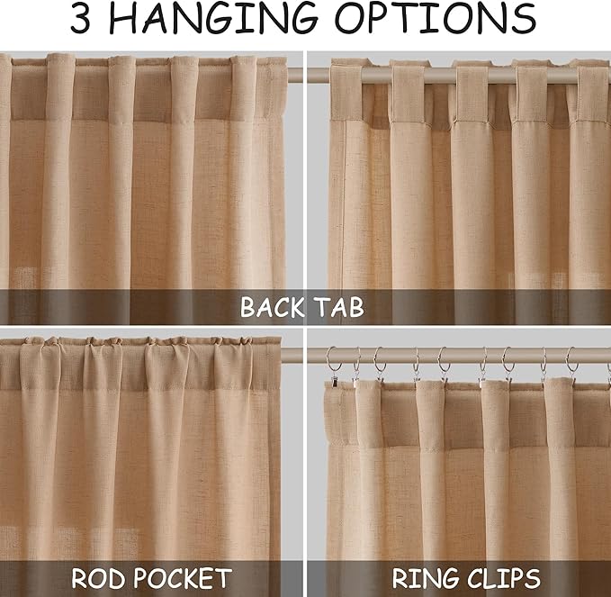 Camel Linen Curtains 84 Inches Long for Bedroom Back Tab Light Filtering Privacy Semi Sheer Drapes Modern Farmhouse Decor Camel Cotton Elegant for Living Room Curtain 2 Panels Set 52x84 Inch