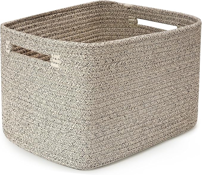 Shelf Woven Storage Basket, 15 x 10 x 9” Closet Rope Baskets For Organizing, Square Bins with Handles, Brown