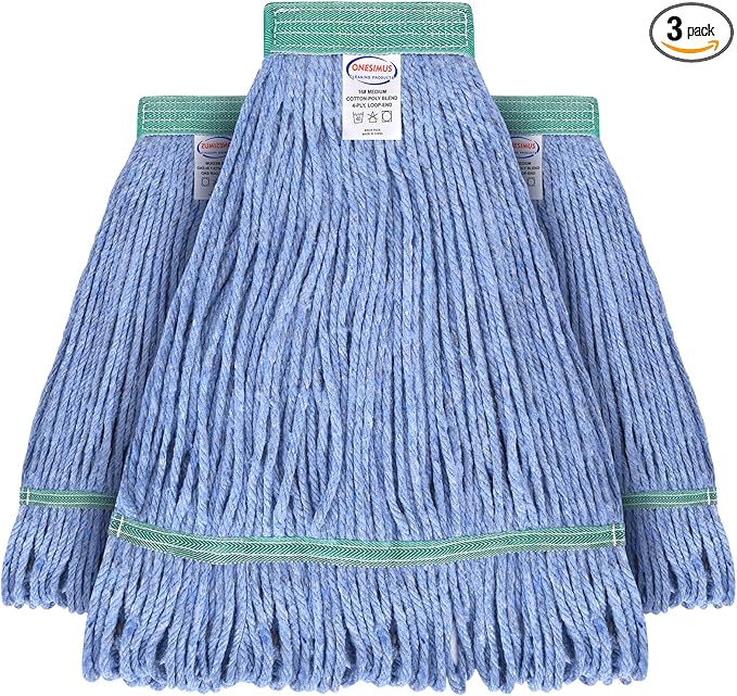 Onesimus 20 oz Mop Head Replacement, Industrial Mops for Floor Cleaning Heavy Duty 4-Ply Cotton Blend Looped End Wet Mop Refills 1.25 in Universal Headband Fit Most Handles, 3 Pack Large Blue