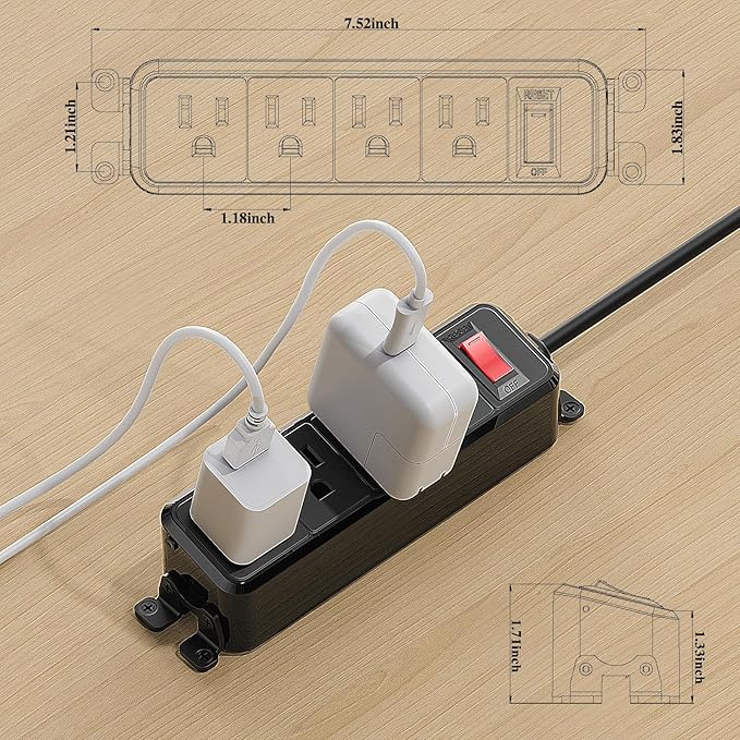 Wall Mount Power Strip,Flat Plug Power Strip with Switch,10ft Extension Cord,4 Outlets, Flexible Installation for Home, Office,and School,ETL Listed,Black (10ft,4 outlets)