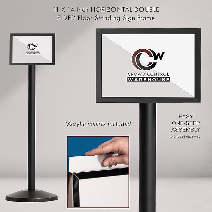 Crowd Control Warehouse Pedestal Standing Floor Sign Frame with Sloped Base, 11 x 14 Inch Horizontal, Polished Stainless Steel