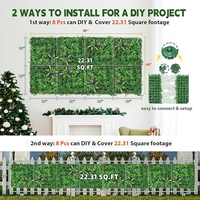 Artificial Boxwood Panel 8 Pieces 20"x20", Green Grass Wall Backdrop Wall for Fence Patio Backrop Balcony, Faux Ivy Privacy Fence Screen, 5 PCS Vines, 60 PCS Violet Flower, 2 PCS Light Strip