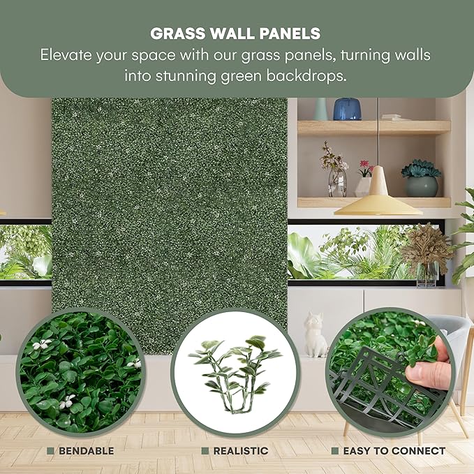 flybold Artificial Boxwood Hedge Panels - Grass Wall Backdrop Decor Indoor and Outdoors - Greenery Wall, Faux,Fake Grass Wall - Decorative Hedge, Garden Fence Panels - 20x20 inch - Pack of 6