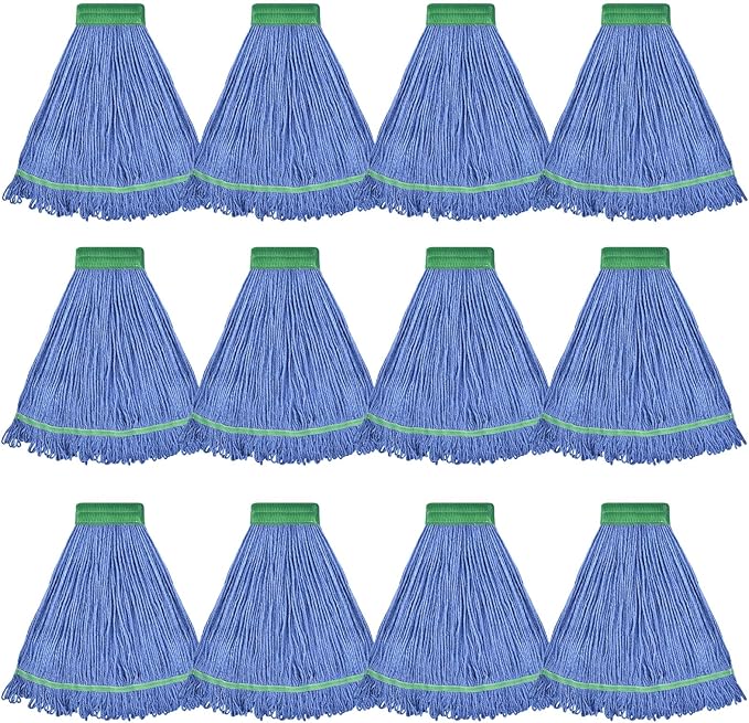 Onesimus 24 oz Heavy Duty Mop Head Replacement, 5 Inch Headband for Quick Change Handle, Blue Loop-End Cotton Blend String Wet Dry Floor Mop Refill, Large Size, Case Pack of 12 Pcs