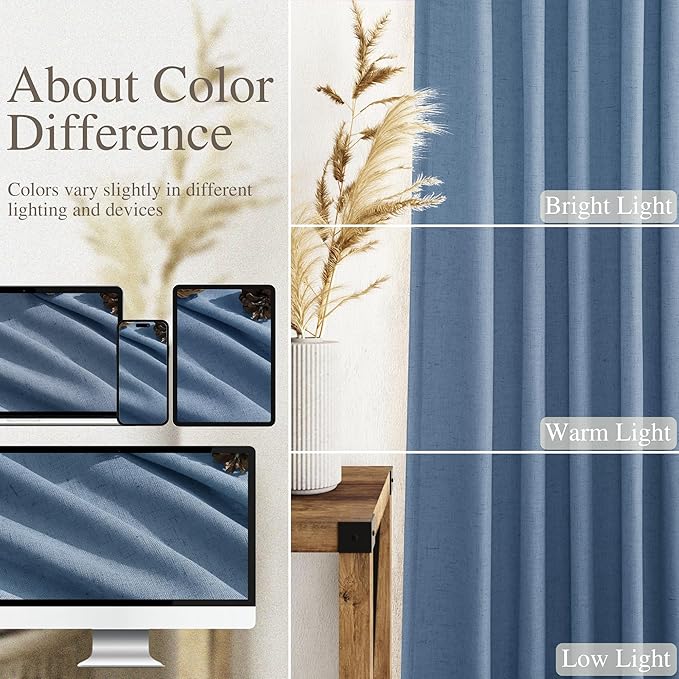 Nanspring Stone Blue Linen Curtains 63 Inches Long 2 Panel Sets for Living Room Bedroom Rod Pocket Back Tab Light Filtering Drape for Kitchen Window Short Protect Privacy Curtain 52x63