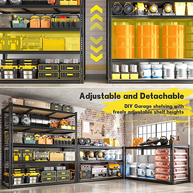 48" W Garage Shelving Heavy Duty 3200LBS Garage Storage Shelving, 5 Tier Adjustable Metal Shelving Unit Utility Rack Shelf for Warehouse, Pantry, Closet, Kitchen 72" H x 48" W x 24" D, Black