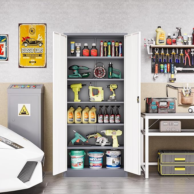 Metal Cabinet,Locking Storage Cabinet with 2 Doors and 5 Adjustbale Shelves,72" Tall Tool Steel Cabinets for Garage,Home Office,School,Gym(Grey & White)