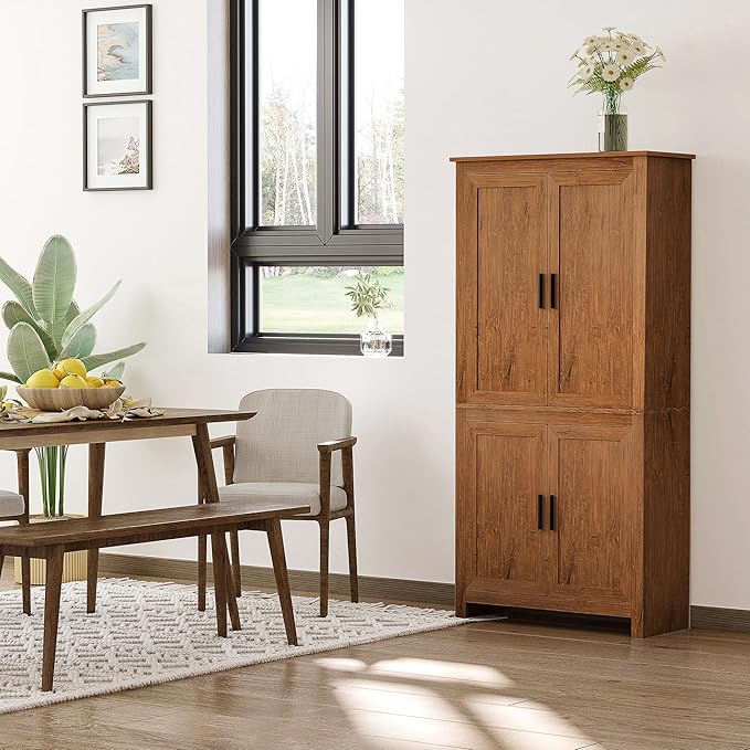 HOMCOM 64" Kitchen Pantry Cabinet, Freestanding Storage Cabinet with 4 Doors and 3 Adjustable Shelves for Dining Room, Oak