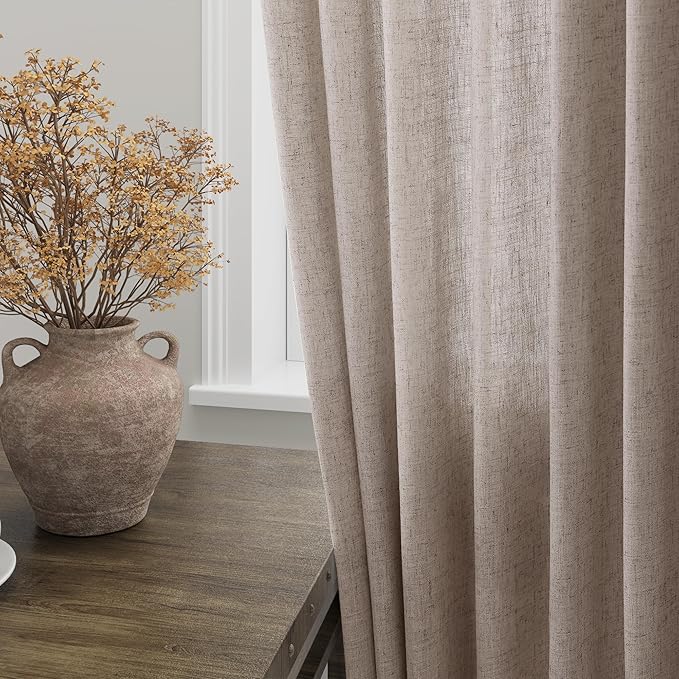 Extra Long Curtain 108 Inches Long 2 Panels Set Back Tab Brownish Grey Linen Drapes for Living Room Neutral Farmhouse Light Filtering Semi Sheer Linen Curtains 108 Inch Length for Large Window 9 FT