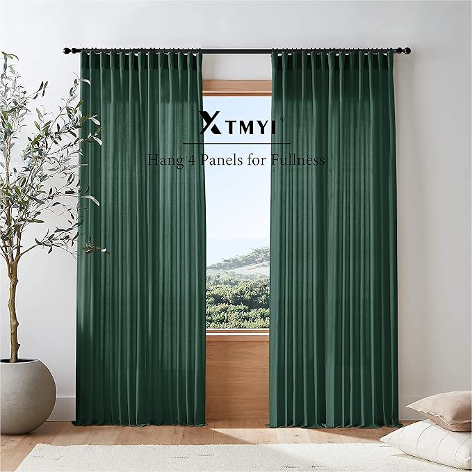 XTMYI Forest Green Curtains 96 Inches Long for Living Room,Light Filtering Back Tab Hooks Pleated Semi Sheer Dark Academia Curtains for Room Decor Bedroom 96 Length 2 Panels