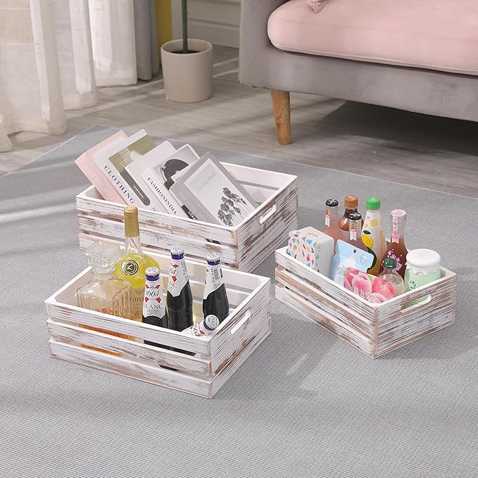 Large Size Wood Crates For Storage,Decorative Vintage White Wooden Crates For Display,Handmade Solid Wood Boxes,Set Of 3 Rustic White Wooden Crate. (vintage white)