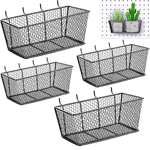 Sieral 4 Pcs Black Pegboard Baskets Metal Wire Shelf Baskets Peg Board Organizer Accessories Wall Mount Organizer Attachments for Garage Workbench Various Tool Accessories, 2 Sizes