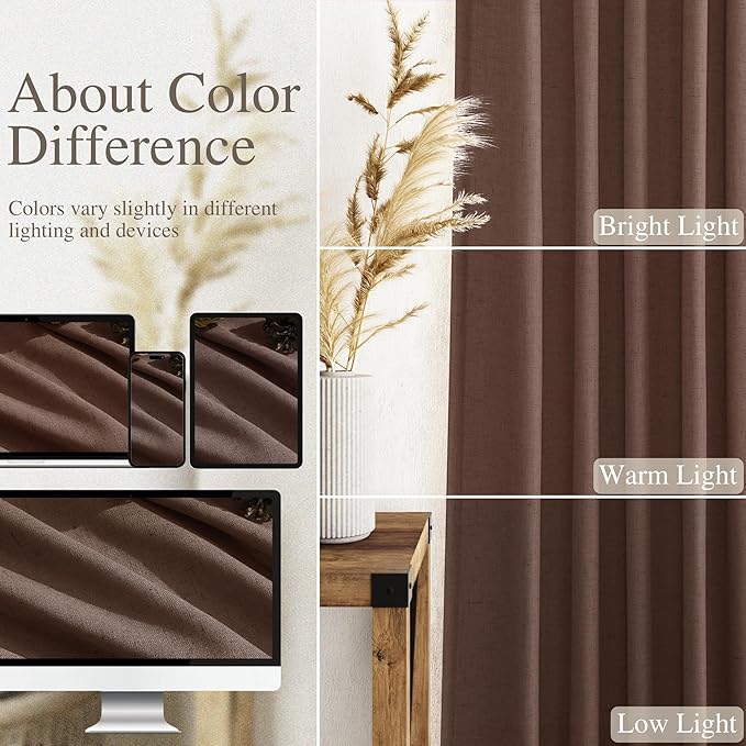 Mocha Mousse Semi Sheer Linen Blend Curtains 108 Inches Long 2 Panels Set Back Tab Loop Pocket Light Filtering Boho Large Window Decor for High Ceiling Living Room 52x108