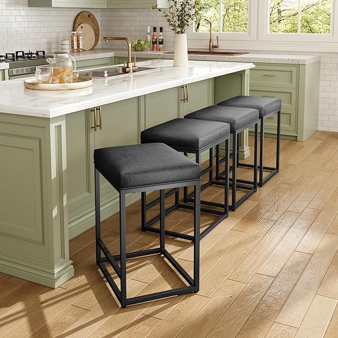MAISON ARTS Black Counter Height 24" Bar Stools Set of 3 for Kitchen Counter Backless Modern Square Bartools Upholstered Faux Leather Stools Farmhouse Island Chairs, (24 Inch,Black)