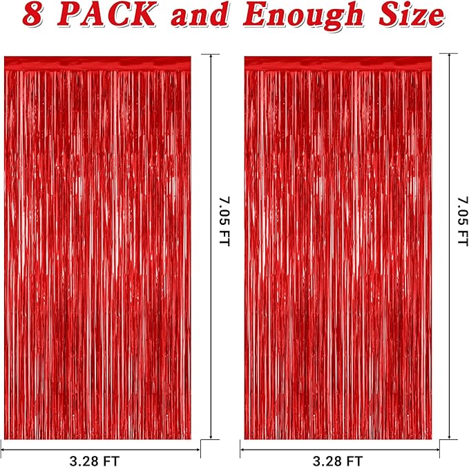 8 Pack Red Backdrop, 3.28 FT x 7.05 FT Streamer Party Decorations, Metallic Foil Fringe Curtains Party Streamer Photo Booth Backdrop, Red Tinsel Valentines Day Party Decor for Engagement Birthday