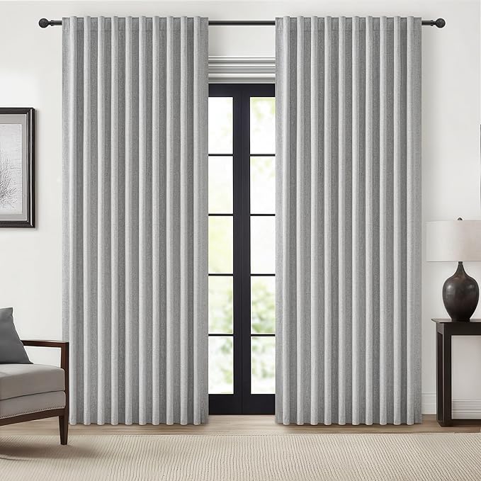 Extra Wide 60 Inch Blackout Curtains 96 Inches Long for Living Room, Rustic Boho Room Darkening Textured Linen Pleated Office Insulated Ceiling Track Large Window Drapes (60"W x 96"L 2 Panels Grey)