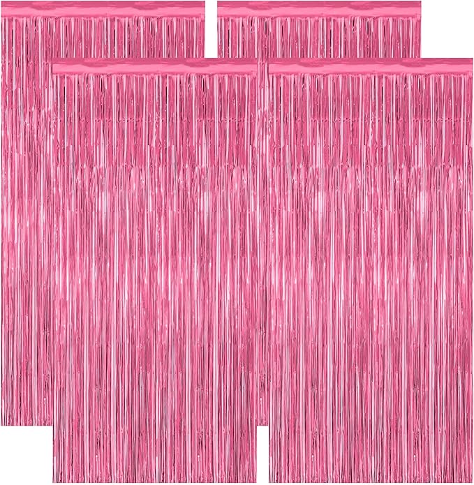 4 Pack Birthday Decorations, 3.28 FT x 7.05 FT Pink Backdrop, Metallic Happy Birthday Backdrop Fringe Curtains Party Streamer, Bachelorette Party Decorations Princes Birthday Valentines Party Decor