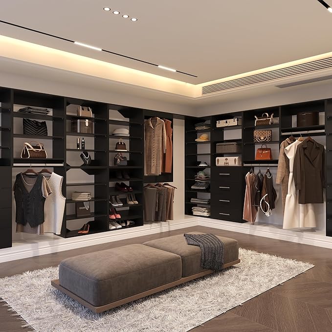 Tall Hanging Closet Unit, Modular Closet System, Wood Closet System Organizer with Storage for Walk In Closets, Clothing Rack Wardrobe Closet for Hanging Clothes, Bedroom, Black, 22.5"W