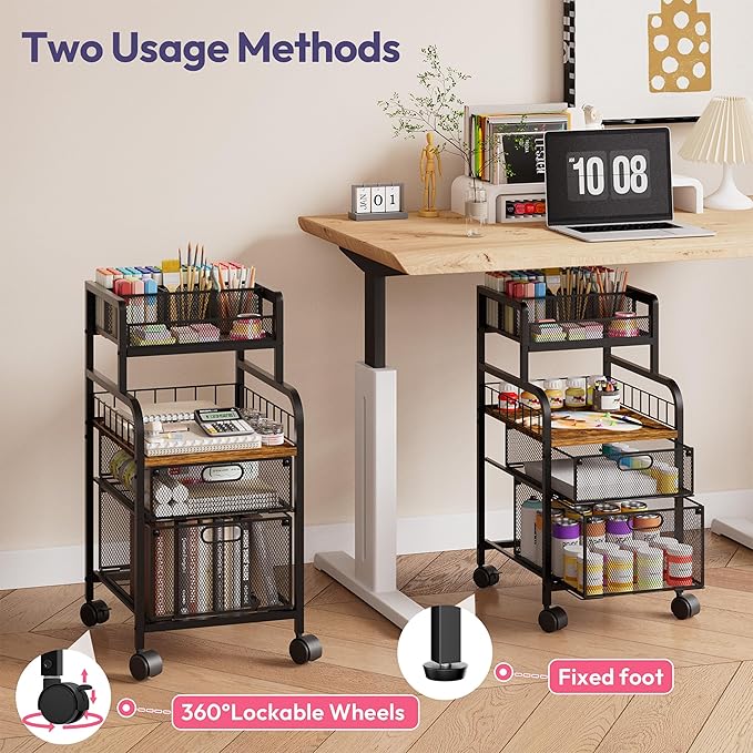 SWTYMIKI Rolling Cart with Drawers - Metal Utility Cart with Wood Shelf, DIY Divider and Locking Wheels, Craft & Art Cart Organizer for Under Desk Storage for Home Office Studio, Black