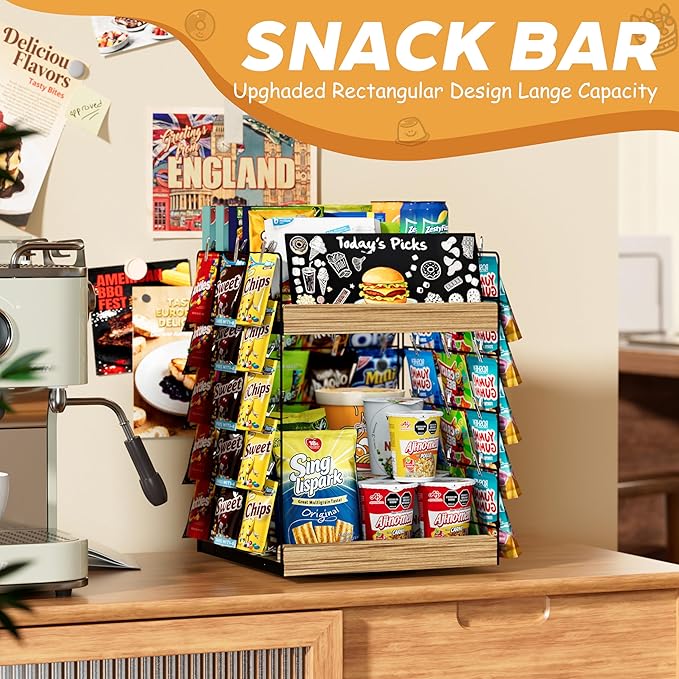 Chip Rack Display Stand, 6 Tiers 50 Clips Snack Organizer, 360° Rotating Wood Base Candy Display Rack, Portable Retail Display Shelf for Countertop, Office, Store, Kitchen, Party