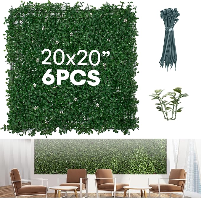 flybold Artificial Boxwood Hedge Panels - Grass Wall Backdrop Decor Indoor and Outdoors - Greenery Wall, Faux,Fake Grass Wall - Decorative Hedge, Garden Fence Panels - 20x20 inch - Pack of 6
