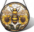 Stained Glass Window Hanging - Bee Sunflower Yellow Suncatcher Ready to Hang Window Doors Home Decoration and Christmas, Mother's Day Birthday Gifts for Women, Men, and Mom 11.8x11.8 in