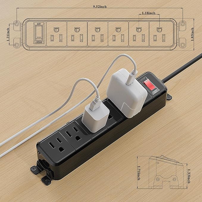 Wall Mount Power Strip,Flat Plug Power Strip with Switch,6ft Extension Cord,6 Outlets, Flexible Installation for Home, Office,and School,ETL Listed,Black (6ft,6 outlets)