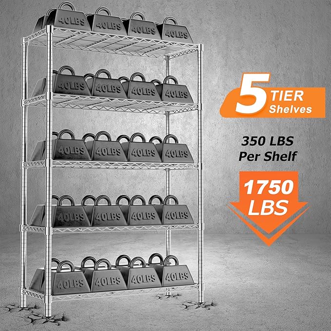 Storage Shelves Heavy Duty, 4 PCS 36" L x 14" W x 72" H Garage Wire Shelving Unit Loads 1750LBS, 5-Tier Adjustable Metal Industrial Utility Shelf Rack for Kitchen, Laundry Room, Warehouse, Basement