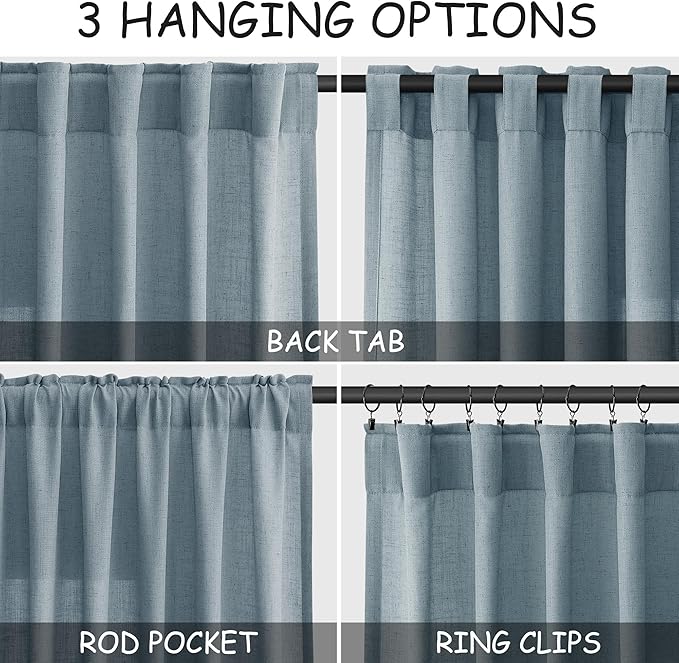 Light Blue Linen Curtains 63 Inches Long 2 Panel Sets for Living Room Bedroom Rod Pocket Back Tab Light Filtering Drape for Kitchen Window Short Protect Privacy Curtain Modern Farmhouse Decor 52x63