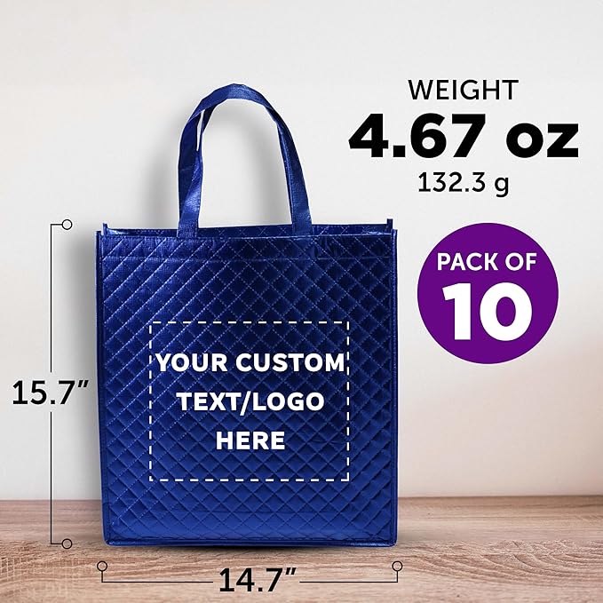 DISCOUNT PROMOS Custom Luxurious Laminated Tote Bags Set of 10, Personalized Bulk Pack - Reusable, Great for Shopping, Beach, Wedding Favors - Royal Blue