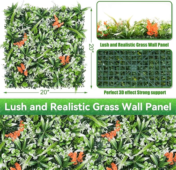 Greenery Wall Panels, 20"x20" 16PCS UV Protected Fake Grass Backdrop Privacy Fence Screen, Artificial Hedges for Outdoors Indoors Green Decor