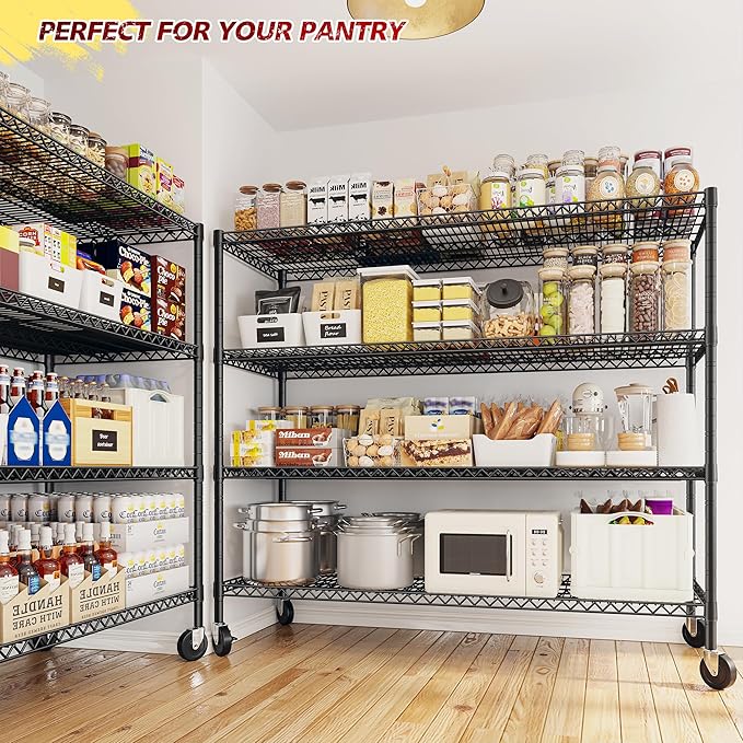 REIBII 75.6" H Storage Shelves Metal Shelving Unit with Wheels 55''W Garage Shelving Heavy Duty Wire Shelves for Storage Rack Adjustable Pantry Shelf Commercial Shelving, 75.6" H X 55.5''W X 24" D