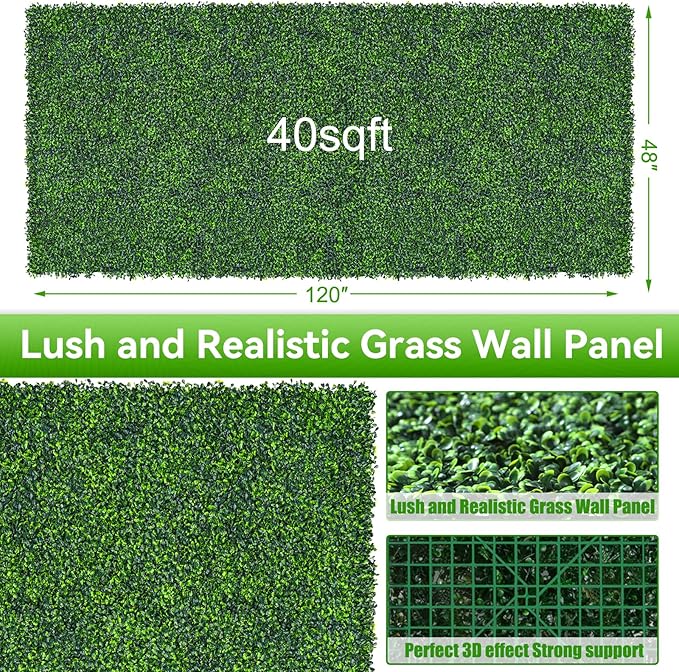 Artificial Boxwood Roll,48x120 in(40 sqft) UV-Anti Faux Ivy Grass Wall Backdrop for Balcony Privacy, Fake Grennery Wall Decor for Garden, Patio, Backyard