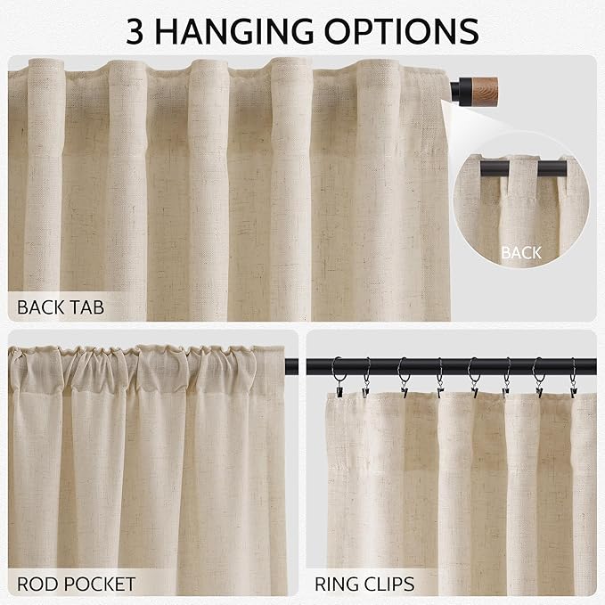 Nanspring Living Room Curtains 72 Inch Length Linen Birch Beige Luxury Light Filtering Semi Sheer Curtain Back Tab Modern Farmhouse Decor Elegant Coastal Drapes for Bedroom Office 52x72, 2 Panels