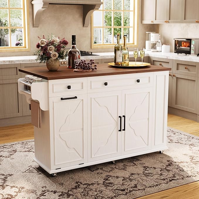 IRONCK Kitchen Island with Storage, Rolling Island Table on Wheels with Drop Leaf, Charging Station and Trash Can Storage, Portable Islands Table with Open Spice Rack and Drawer for Living Room, White