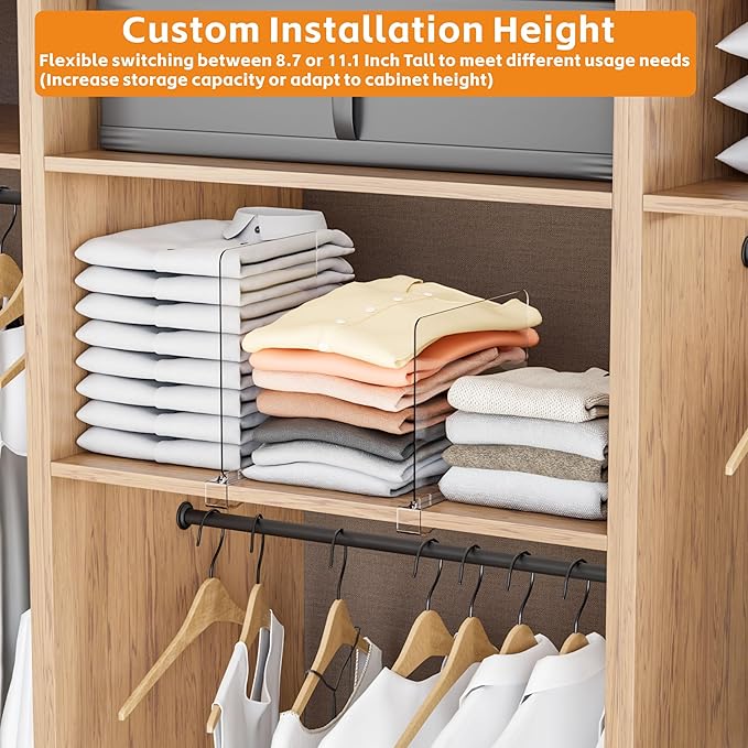 Yieach Adjustable Height Clear Shelf Dividers,10 Pack Acrylic Closet Shelf Dividers for Organization,11.1 Inch Tall Vertical Plastic Shelf Separators for Towel,Sweater,Towel Organizers and Bookshelf