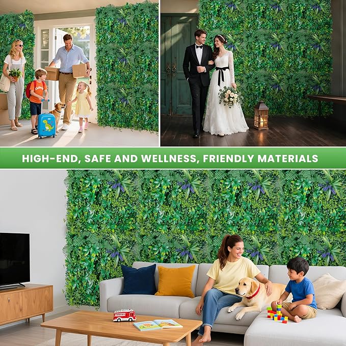 Artificial Grass Wall Panels for Indoor Outdoor, 16 Pack 20"x20" (44.53 Sq.Ft), Boxwood Panels, Greenery Backdrop for Home & Event Decor for Wedding with DIY Vine, Violet Flower, Light Strip