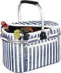 Tirrinia Large Insulated Picnic Basket, 34L Water Resistant & Leakproof Collapsible Portable Cooler Basket Set with Aluminium Handle for Travel, with a Free Foldable Grocery Bag, Strip