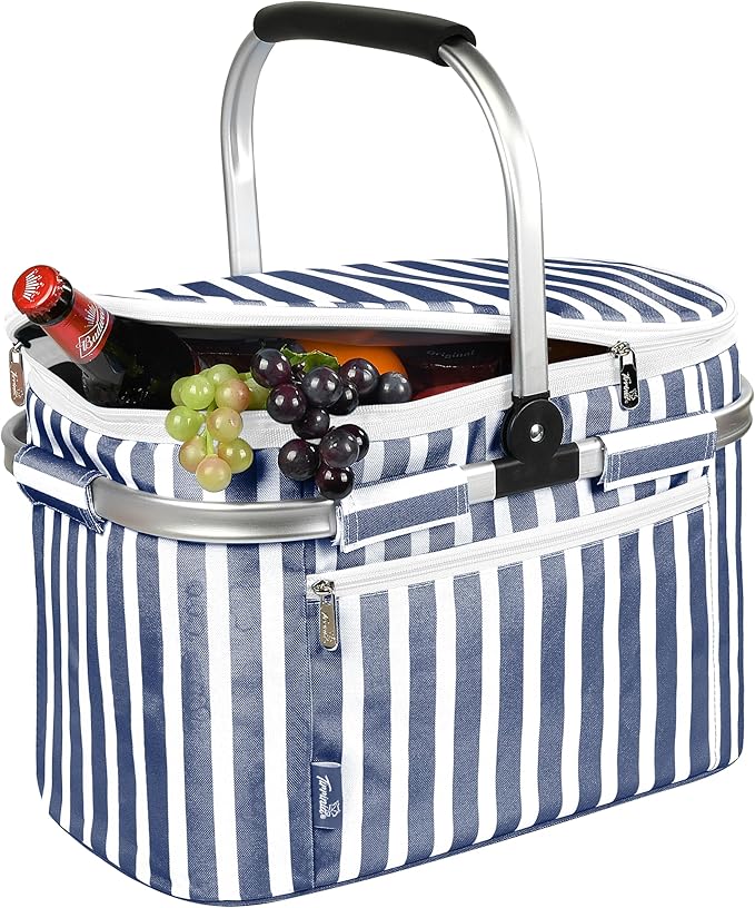 Tirrinia Large Insulated Picnic Basket, 34L Water Resistant & Leakproof Collapsible Portable Cooler Basket Set with Aluminium Handle for Travel, with a Free Foldable Grocery Bag, Strip