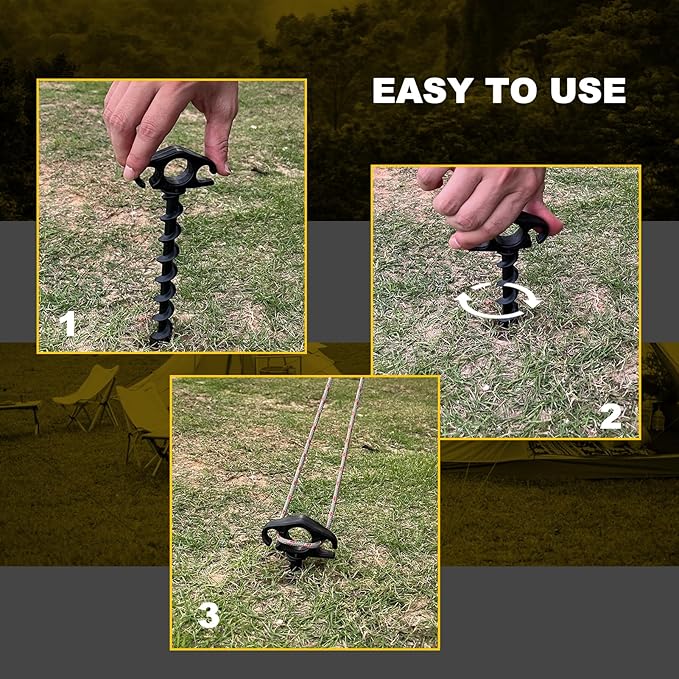 Tent Stakes Ground Anchors Screw in, 6 Pack Sand Stakes for Beach 9.4 Inch Heavy Duty Spiral Tent Pegs for Camping, Party, Hiking, Outdoor Decoration (6, Black)