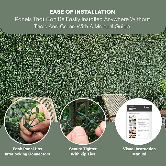 flybold Artificial Boxwood Hedge Panels - Grass Wall Backdrop Decor Indoor and Outdoors - Greenery Wall, Faux,Fake Grass Wall - Decorative Hedge, Garden Fence Panels - 20x20 inch - Pack of 6