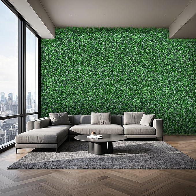 Grass Wall Panels Roll, 40"x120" (33.33 sqft) Artificial Ivy with White Flower, UV-Anti Faux Boxwood Grass Wall Greenery Panels for Garden Patio Balcony Decor