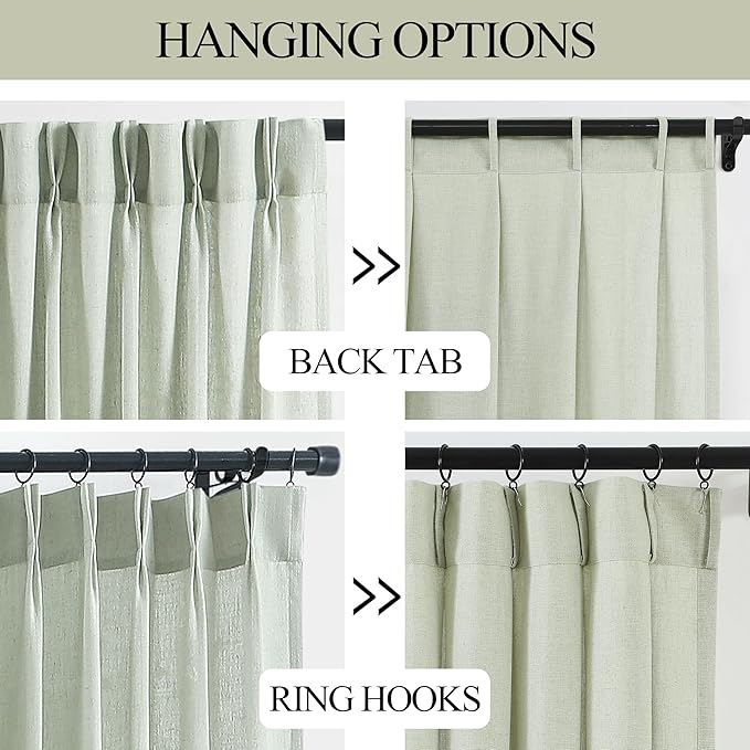 Vision Home Soft Green Pinch Pleated Semi Sheer Curtains Textured Linen Blended Light Filtering Window Curtains 108 inch for Living Room Bedroom Pinch Pleat Drapes with Hooks 2 Panels 9ft 40" Wx108 L