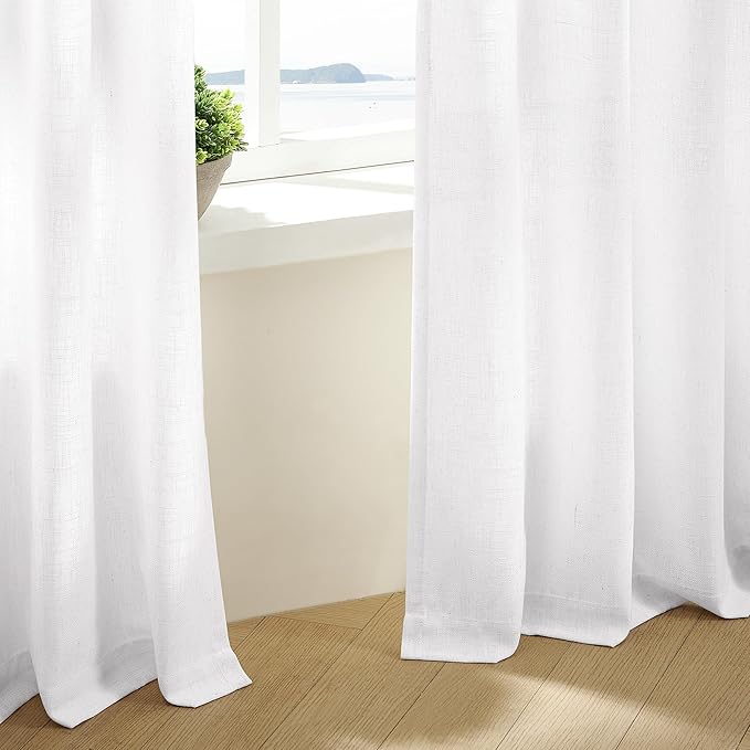 Pleated Linen Curtains 86 Inches Long for Living Room Pinch Pleat Hooks for Track System Back Tab Custom Made Memory Shape Drape Light Filtering Snow White Living Room Bedroom Window Curtain 86 Inch