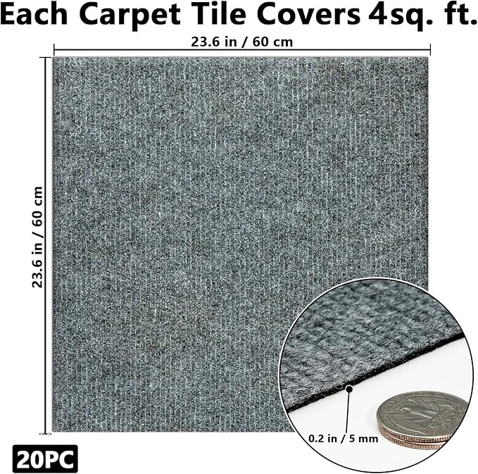 Carpet Tiles Peel and Stick, Self Adhesive Carpet Floor Tile 24" x 24", Light Grey Soft Padded Flooring Sticker, Home Decor for Bedroom Living Room Office, 20 Tiles per Box