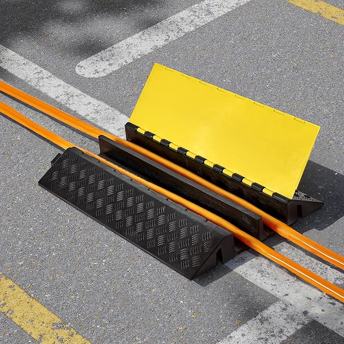 VEVOR Rubber Cable Protector Ramp, 2 Channel Heavy Duty Rubber Cord Hose Wire Cover, 4'' W x 3'' H Large Channel Size, Driveway Traffic Speed Bump with Flip-Open Top Cover, for Indoor Outdoor Use