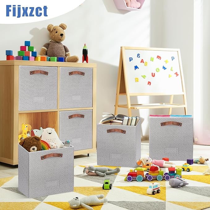 4 Pack Large Fabric Storage Bins for Shelves, Collapsible Storage Baskets with Handles for Organizing Clothes, Toys, and Household Items, Grey & White (Light Gray, 13")